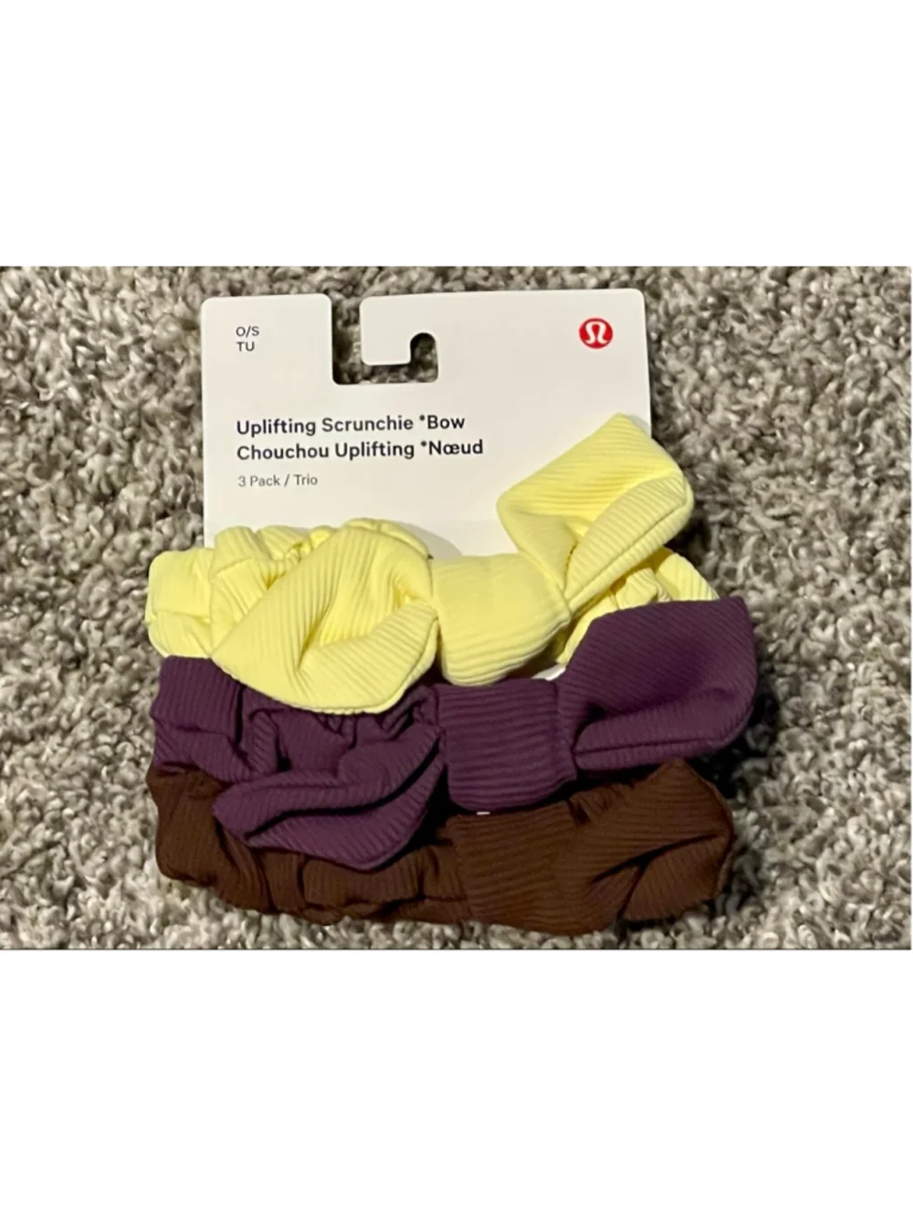 Lululemon Uplifting Scrunchie Bow 3-Pack Yellow Purple Brown NWT